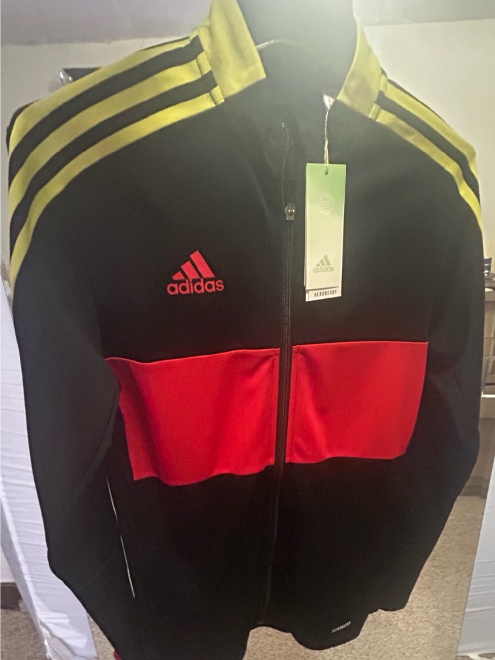 adidas Black Jacket with Red Chest Panel and Yellow Stripes